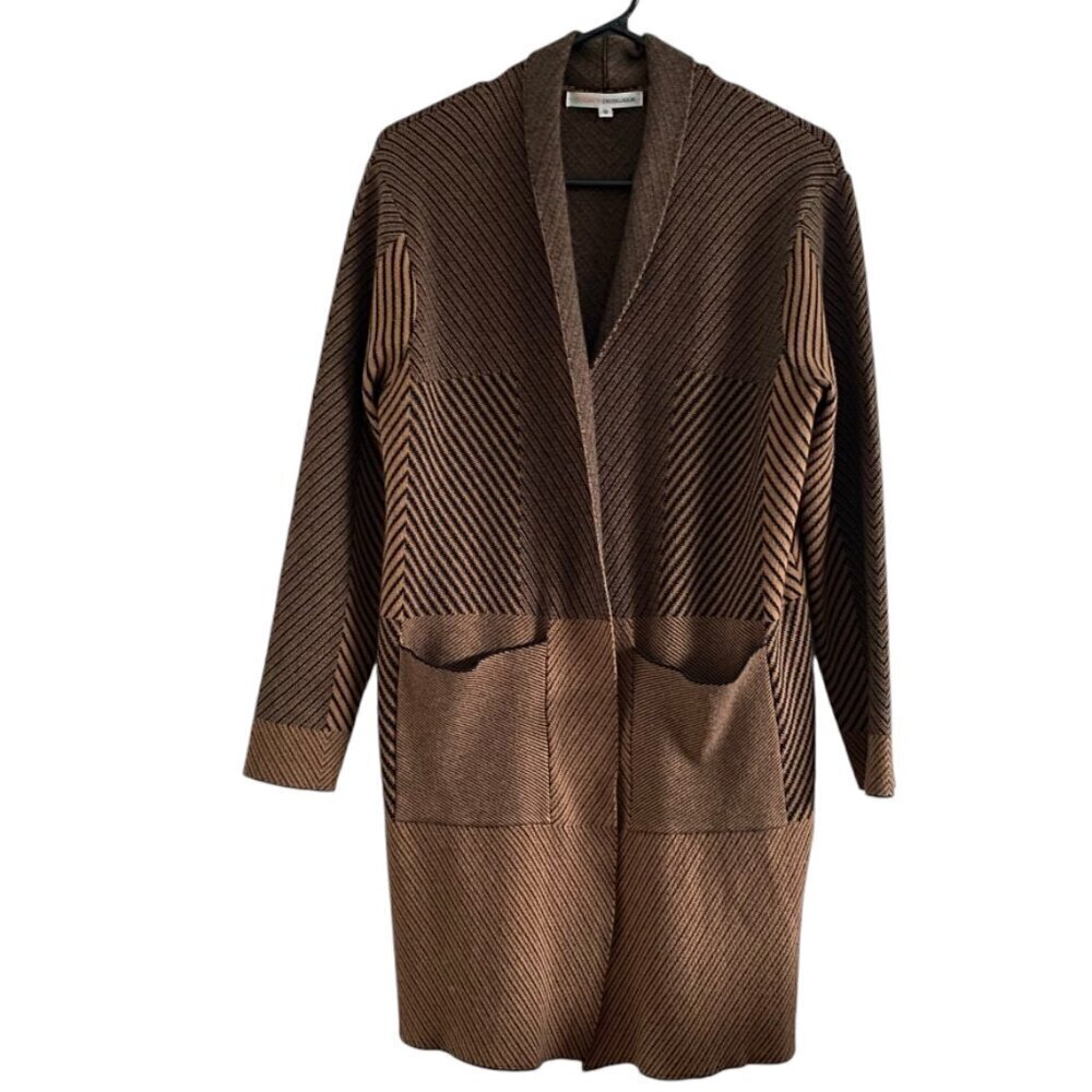 Cozy Herringbone Print Open Brwon Black Cardigan Sz M​​​​​​​​